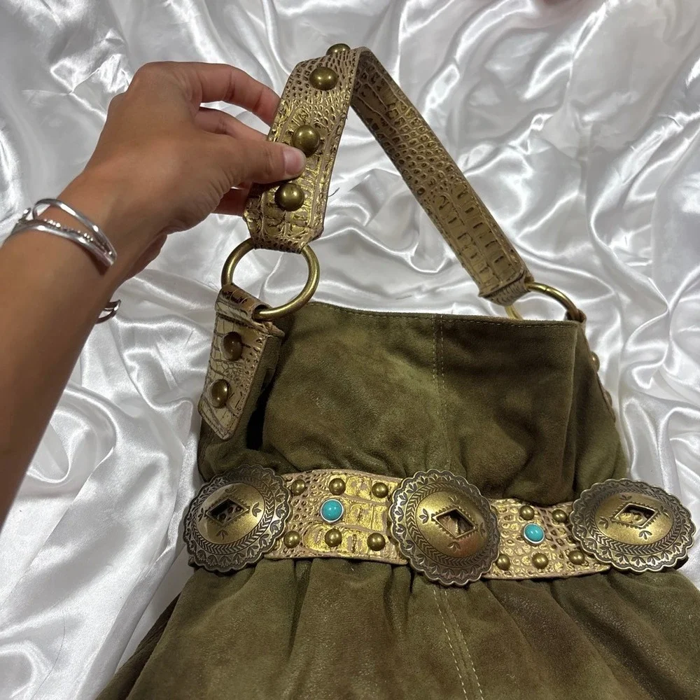 y2k kathy van zeeland Western Hobo Bag Green Concho Turquoise Studded